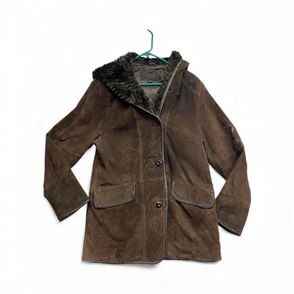 Vintage Y2k Nuage Suede Leather Midlength Jacket with Faux fur Hooded S/P - Picture 3 of 7